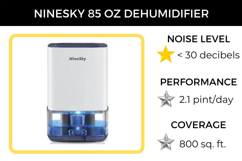 Key features of the NineSky 85 oz dehumidifier, including how quiet it is at less than 30 decibels.