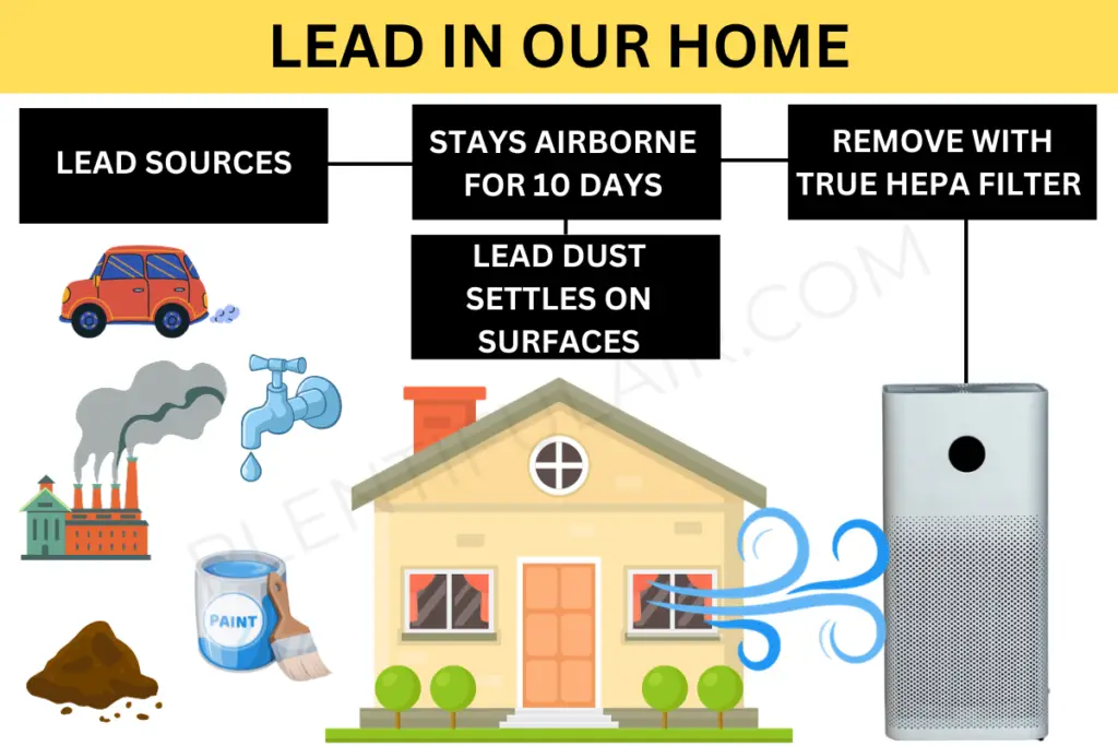 Lead inforgraphic about how lead enters our home, how long it is airborne and how to remove it. Lead in our home comes from soil, lead-based paint, industry and old car fumes that have settled in the soil. Lead particles remain airborne for up to 10 days and can be removed using a True HEPA Air purifier.
