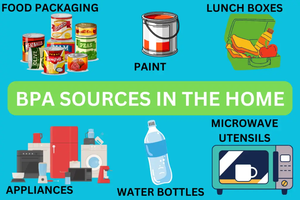 Common sources of BPA around the home. Including food packaging, appliances, water bottles, microwave utensils, lunch boxes and paint.