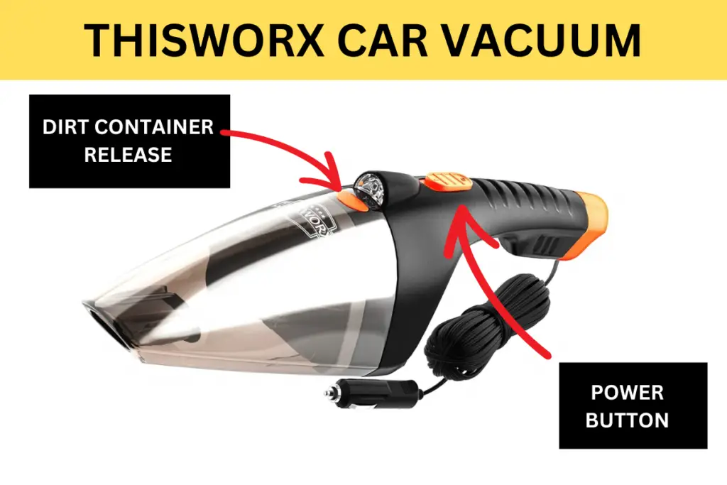 Thisworx car vacuum cleaner. location of the power button and the dirt canister release.