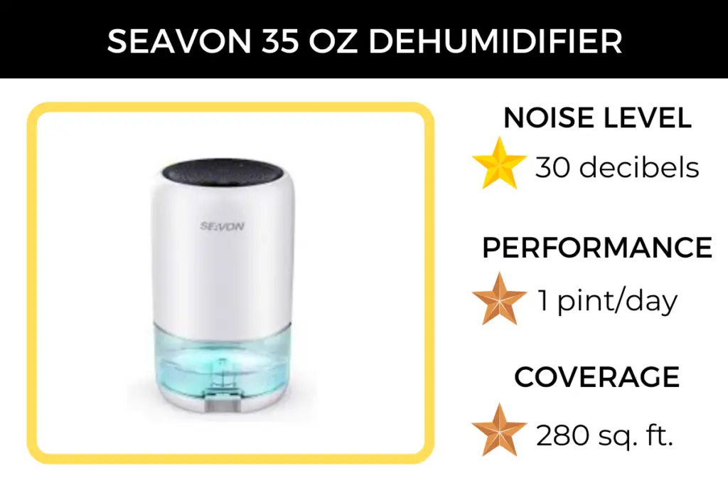Key features of the Seavon 35 Oz dehumidifier, including how quiet it is at 30 decibels.